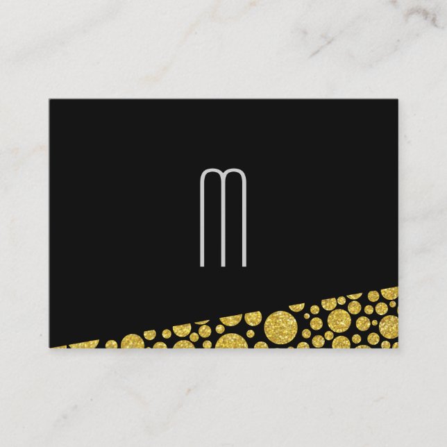 Modern Monogram on Black | Gold Glitter Polka Dots Business Card (Front)