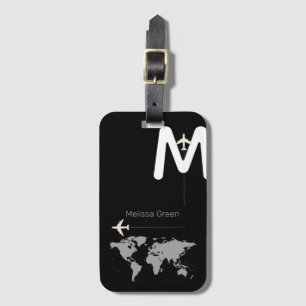 modern monogram on black luggage tag