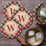 Modern Monogram on Christmas Plaid Round Paper Coaster<br><div class="desc">Your initial on a faux gold foil circle and a red,  green and white holiday plaid pattern.,  these coasters are great for your own home or give as holiday or hostess gifts. MATCHING items in our store.</div>
