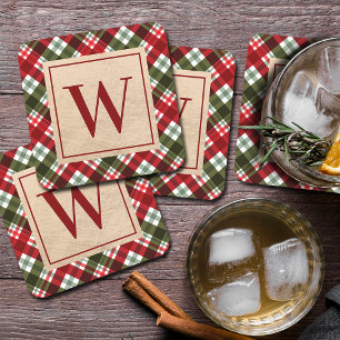 Modern Monogram on Christmas Plaid Square Paper Coaster