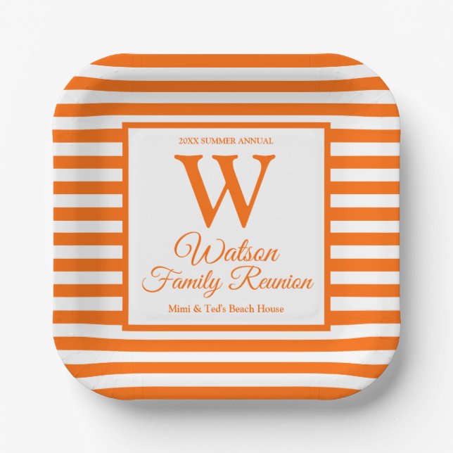 Modern Monogram Orange Stripes Family Reunion Paper Plate (Front)