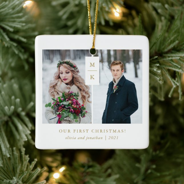 Modern Monogram | Our First Christmas with Photos Ceramic Ornament (Tree)