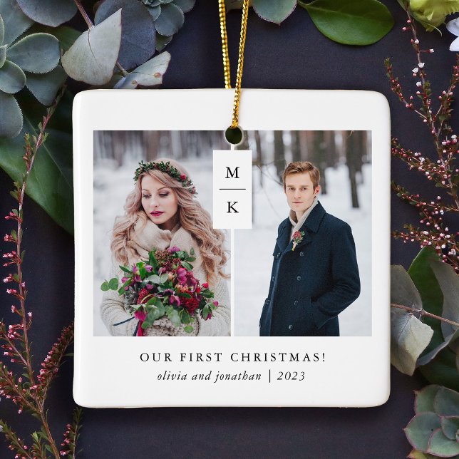 Modern Monogram | Our First Christmas with Photos Ceramic Ornament (This simple and elegant ornament is the perfect keepsake for your first Christmas together)