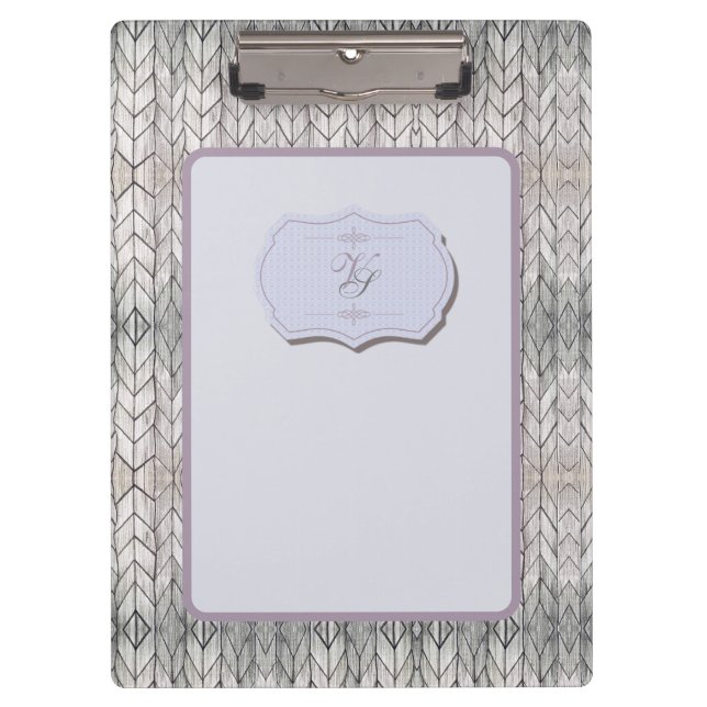 Modern Monogram Pattern Grey Blue Vintage Wood Clipboard (Front)
