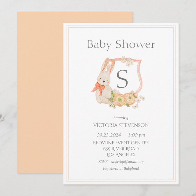 Modern Monogram Peach Crest Bunny Baby Invitation (Front/Back)
