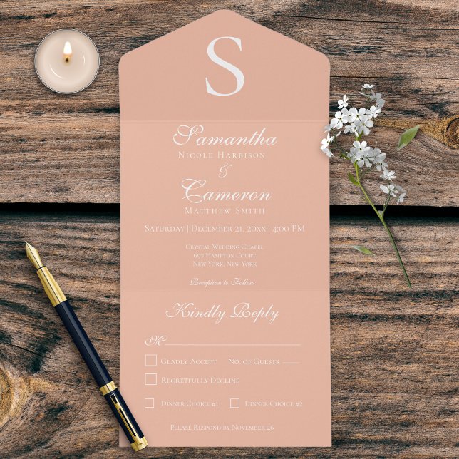 Modern Monogram Peach Dinner All In One Invitation (Creator Uploaded)