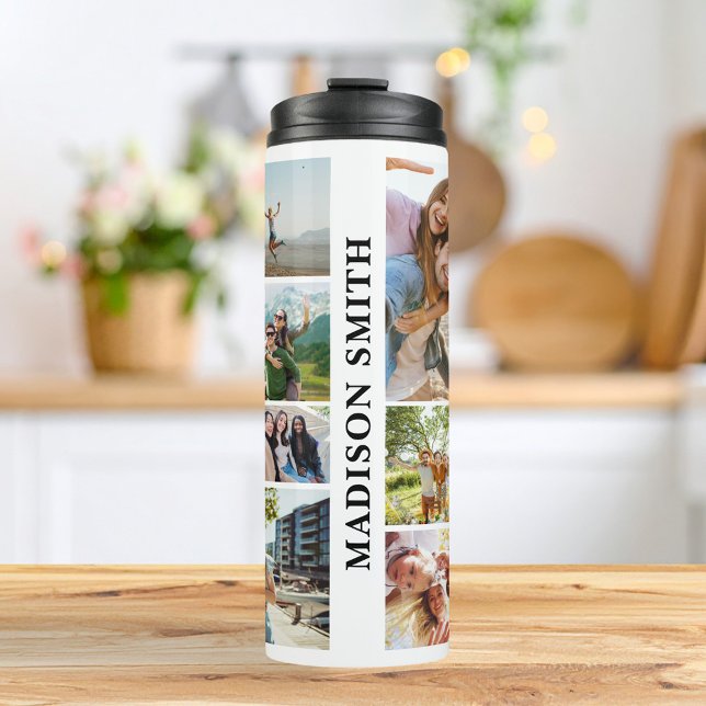 Modern Monogram Personalised 12 Photo Collage Thermal Tumbler (Creator Uploaded)