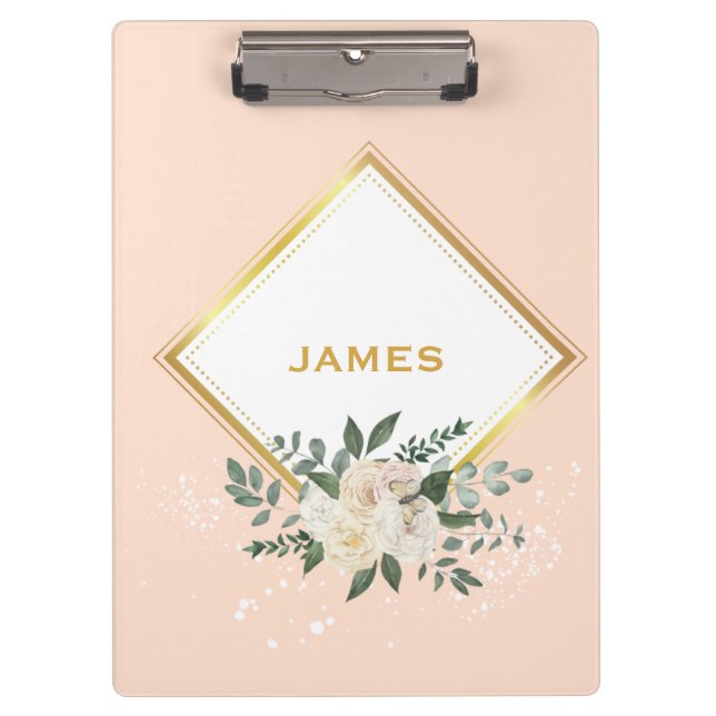 Modern Monogram Personalised Floral Gold Clipboard (Front)