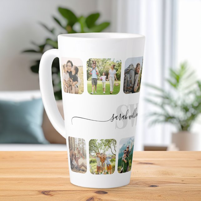Modern Monogram Personalised Photo Collage Latte Mug (Creator Uploaded)