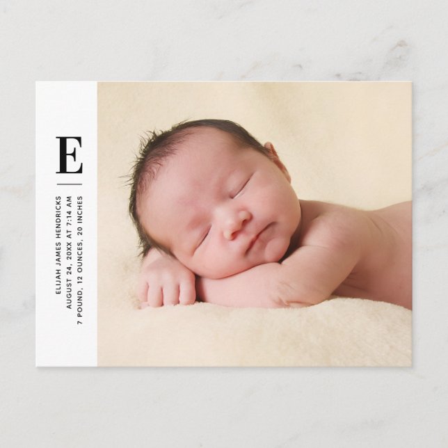 Modern Monogram Photo Birth Announcement Postcard (Front)
