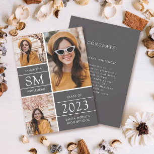 Modern Monogram Photo Collage Grey Graduation Announcement