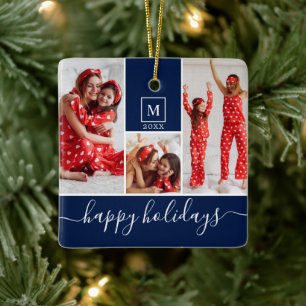 Modern Monogram Photo Collage Happy Holiday Navy Ceramic Ornament