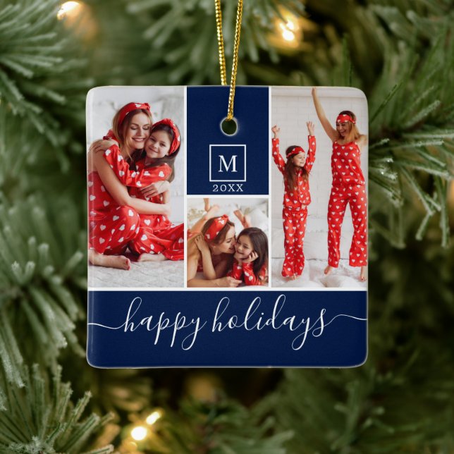 Modern Monogram Photo Collage Happy Holiday Navy Ceramic Ornament (Tree)