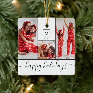 Modern Monogram Photo Collage Happy Holiday White Ceramic Ornament