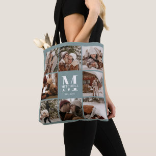 Modern Monogram & Photo Collage Personalised Sage Tote Bag