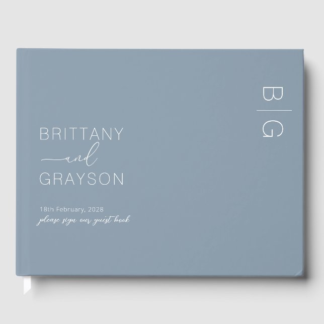 Modern Monogram Photo Dusty Blue Wedding Guest Book (Front)