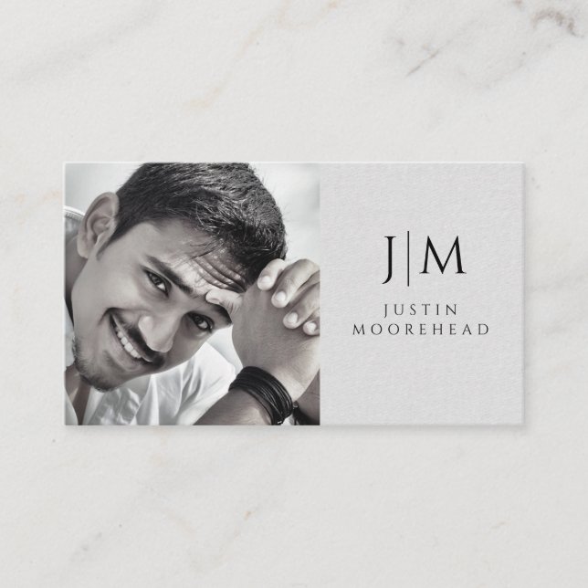 Modern Monogram Photo Minimalist Linen Effect Business Card (Front)