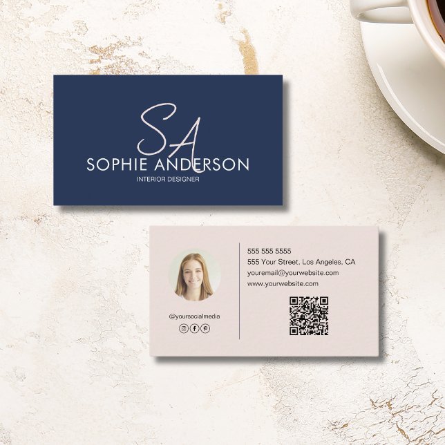 Modern Monogram Photo Navy Blue Professional Business Card (Modern Monogram Photo Navy Blue Professional Business Card)