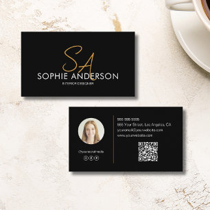 Modern Monogram Photo QR Black Gold Professional Business Card