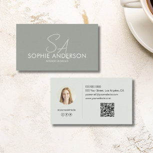 Modern Monogram Photo QR Sage Green Professional Business Card