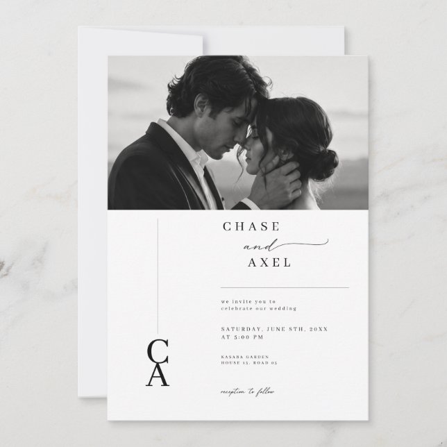 Modern Monogram Photo Wedding Invitation. Invitation (Front)