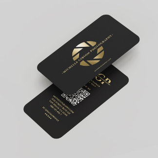Modern Monogram Photographer Black Gold Lens Business Card