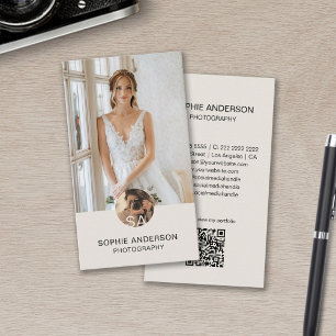 Modern Monogram Photographer Photo QR Code Tan Business Card