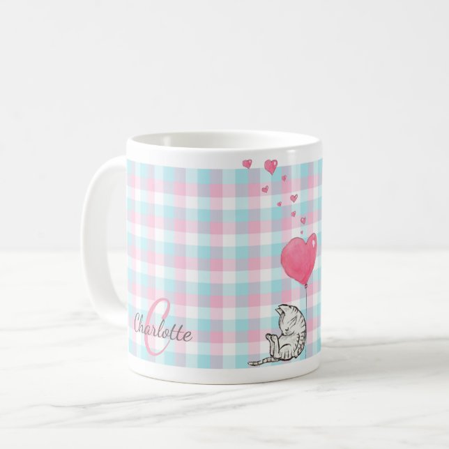 Modern Monogram Pink Blue Sleepy Cat Coffee Mug (Front Left)