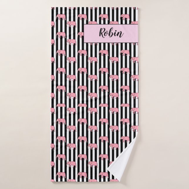Modern Monogram Pink Elephants Pattern Strips Bath Towel (Bath Towel)