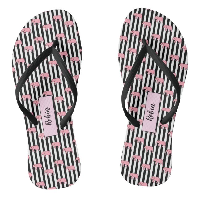 Modern Monogram Pink Elephants Pattern Strips Flip Flops (Footbed)