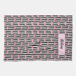 Modern Monogram Pink Elephants Pattern Strips Tea Towel