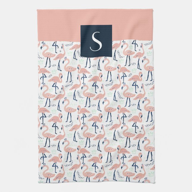 Modern Monogram pink Flamingo Pattern Tea Towel (Vertical)
