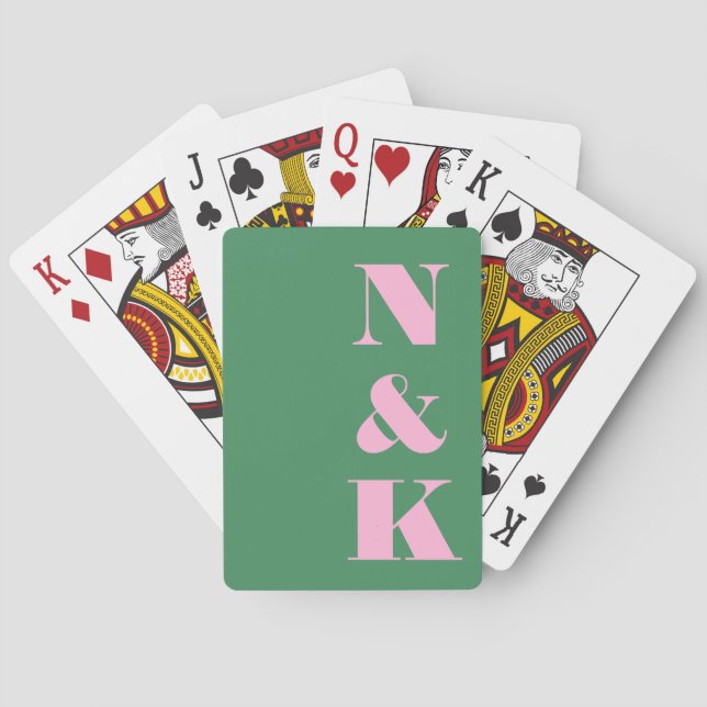 Modern Monogram Pink Green Custom Wedding Favour Playing Cards (Back)