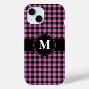 Modern Monogram Pink Plaid Pattern iPhone 15 Case