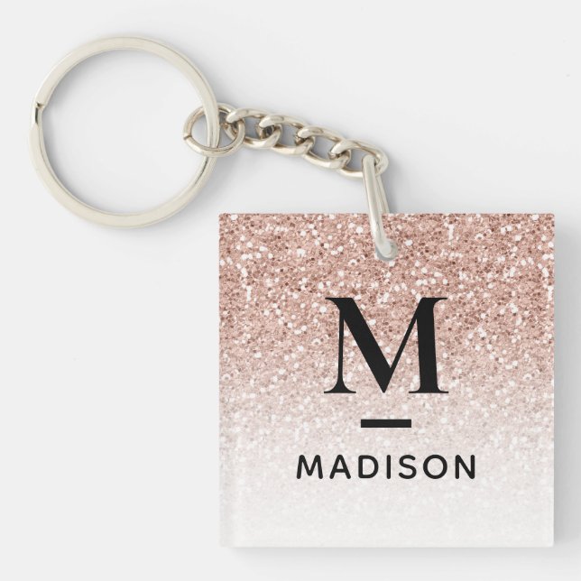 Modern Monogram Pink Rose Gold Glitter Ombre Name Key Ring (Front)