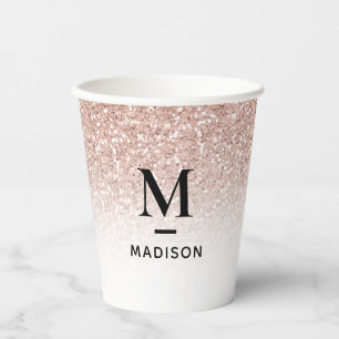 Modern Monogram Pink Rose Gold Glitter Ombre Name  Paper Cups