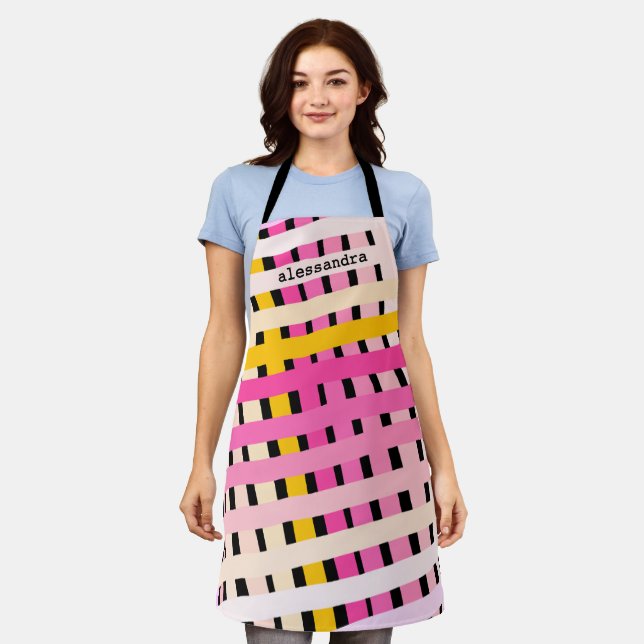 Modern Monogram Pink Yellow Black Plaid Check Cute Apron (Worn)