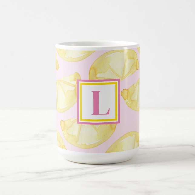 Modern Monogram Pink Yellow Lemon Print Coffee Mug (Center)