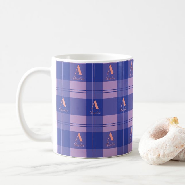 Modern Monogram Plaid Pattern Purple Coffee Mug (With Donut)