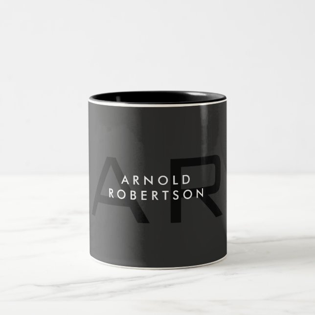 Modern Monogram Plain Grey Trendy Add Name Two-Tone Coffee Mug (Center)