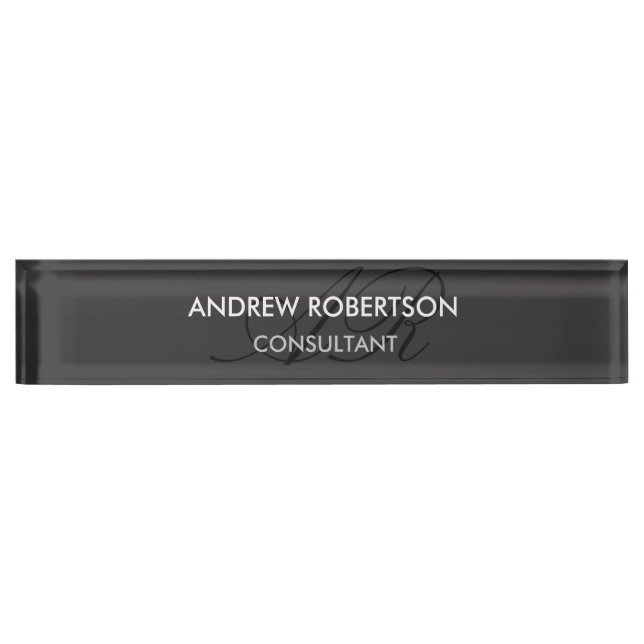 Modern Monogram Plain Grey Trendy Business Card Nameplate (Front)