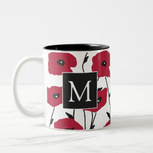 Modern Monogram Poppies Pattern Two-Tone Coffee Mug