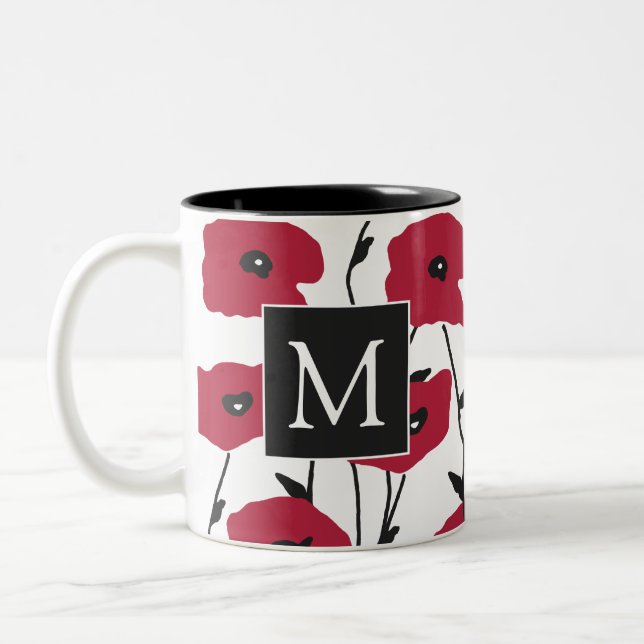 Modern Monogram Poppies Pattern Two-Tone Coffee Mug (Left)
