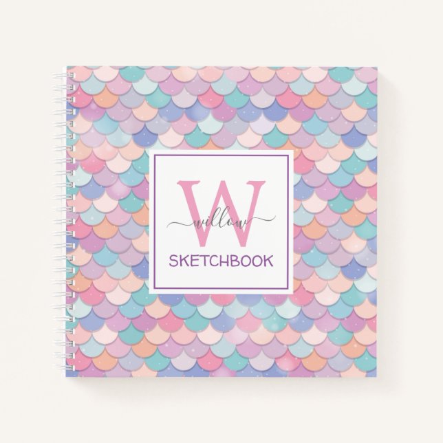 Modern Monogram Pretty Glam Mermaid Sketchbook Notebook (Front)