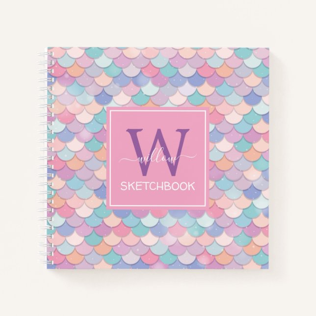 Modern Monogram Pretty Mermaid Pink Sketchbook Notebook (Front)