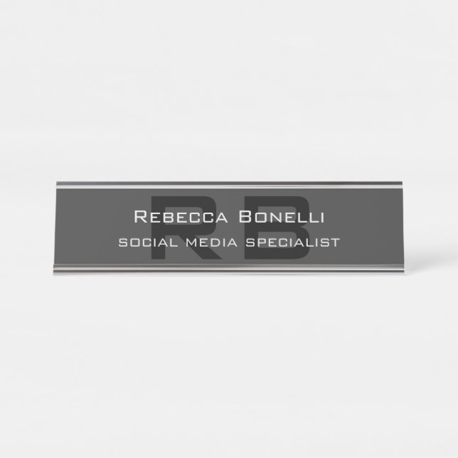 Modern Monogram Professional Black Grey Desk Name Plate (Front)