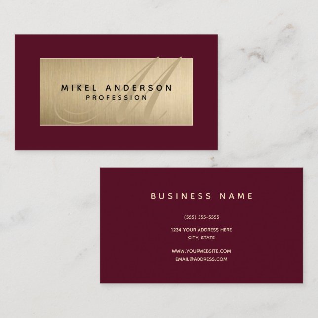 Modern Monogram Professional Gold & Burgundy Business Card (Front/Back)