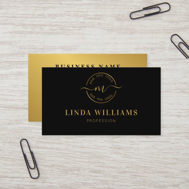 Modern Monogram Professional Luxe Gold Circle Logo Business Card (Front/Back In Situ)