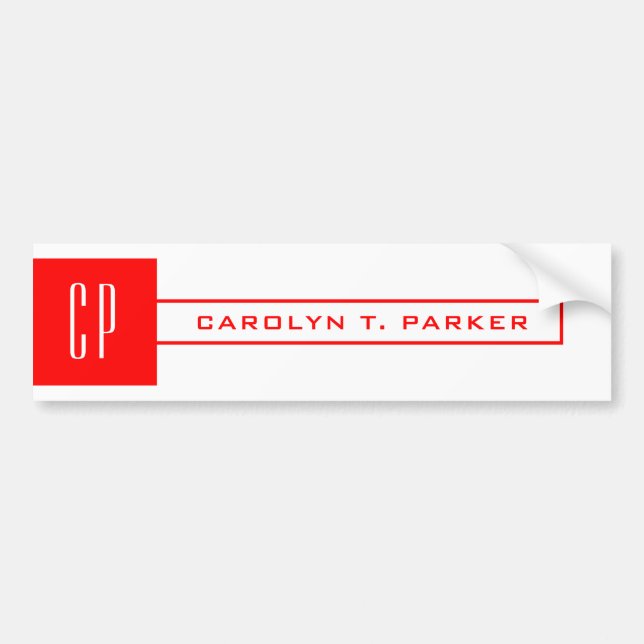 Modern Monogram Professional Plain Name Red White Bumper Sticker (Front)