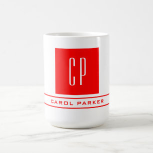 Modern Monogram Professional Plain Name Red White Coffee Mug